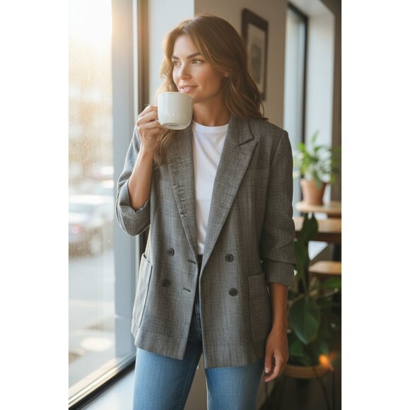 Vintage 1980's Agatha Brown Wool Black Plaid Blazer Jacket Sz 14 Notch Collar - Picture 1 of 7